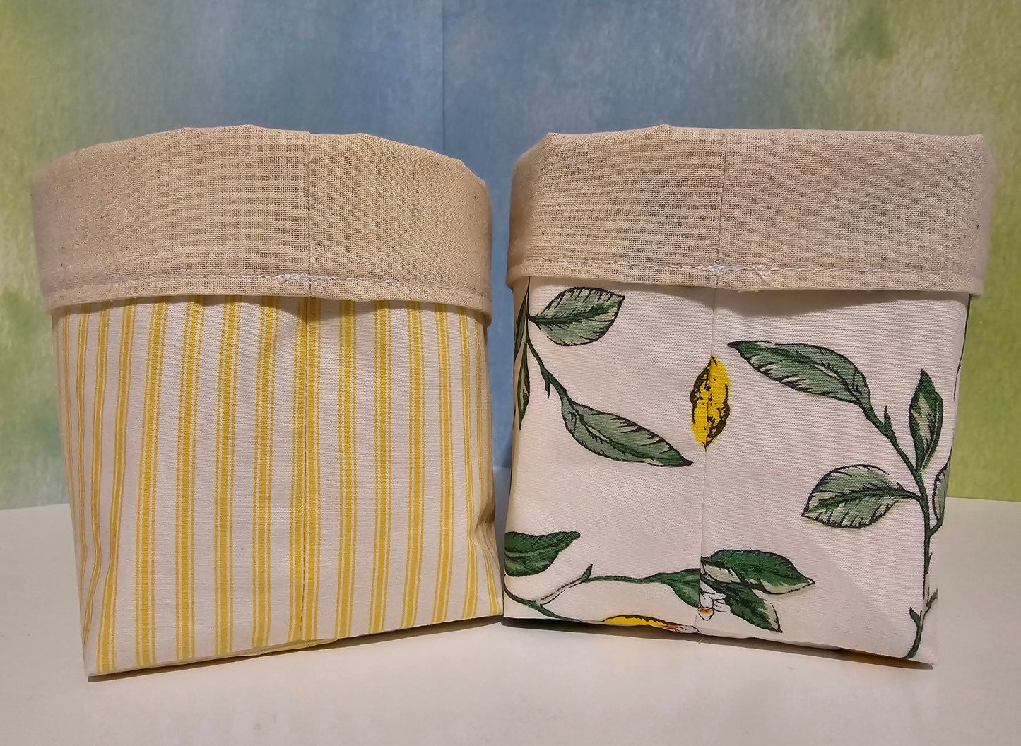 Yellow Striped Fabric Basket: Reversible Cotton Canvas Bread Basket