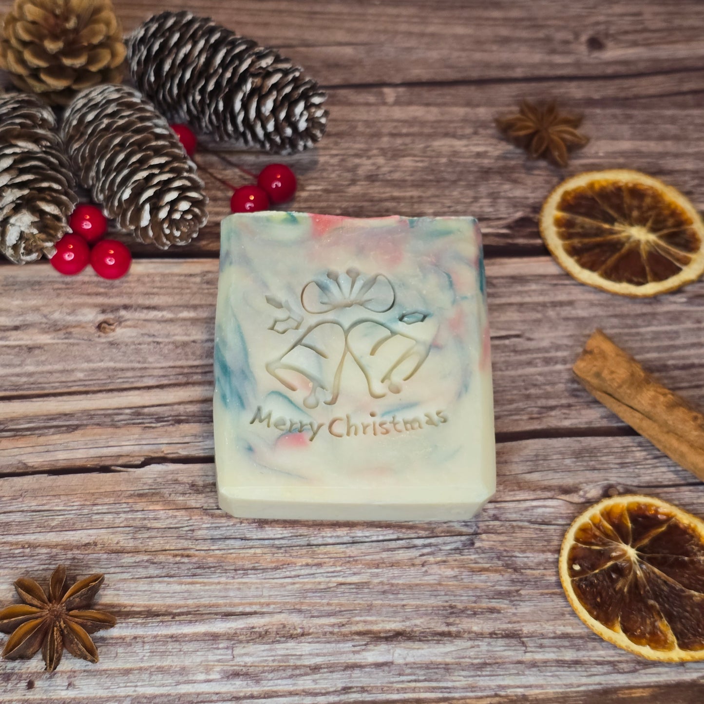 Holly Christmas Handcrafted Natural Soap with Festive Design and Merry Christmas Embossment Ricinus Communis Seed Oil 130g Ideal Gift