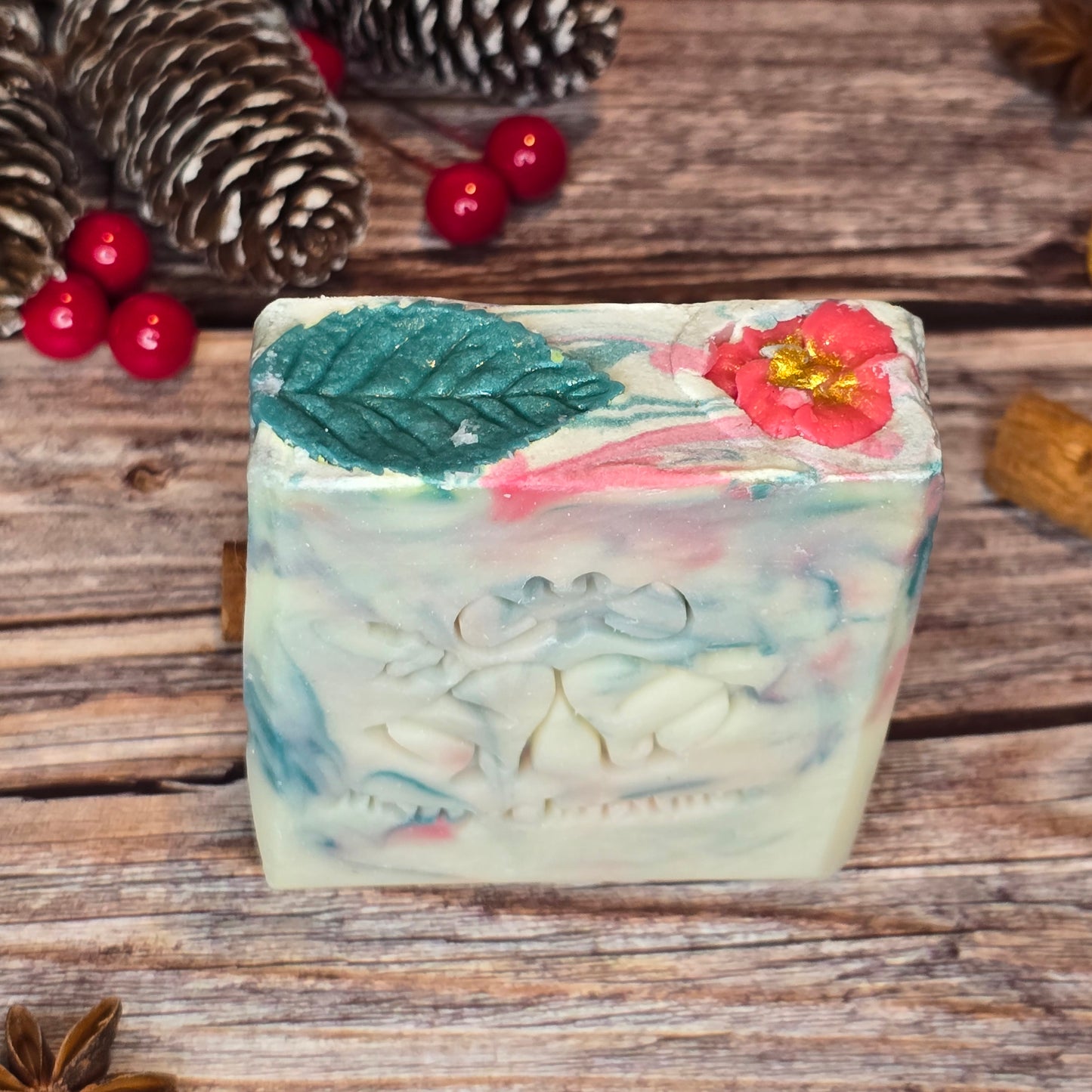Holly Christmas Handcrafted Natural Soap with Festive Design and Merry Christmas Embossment Ricinus Communis Seed Oil 130g Ideal Gift