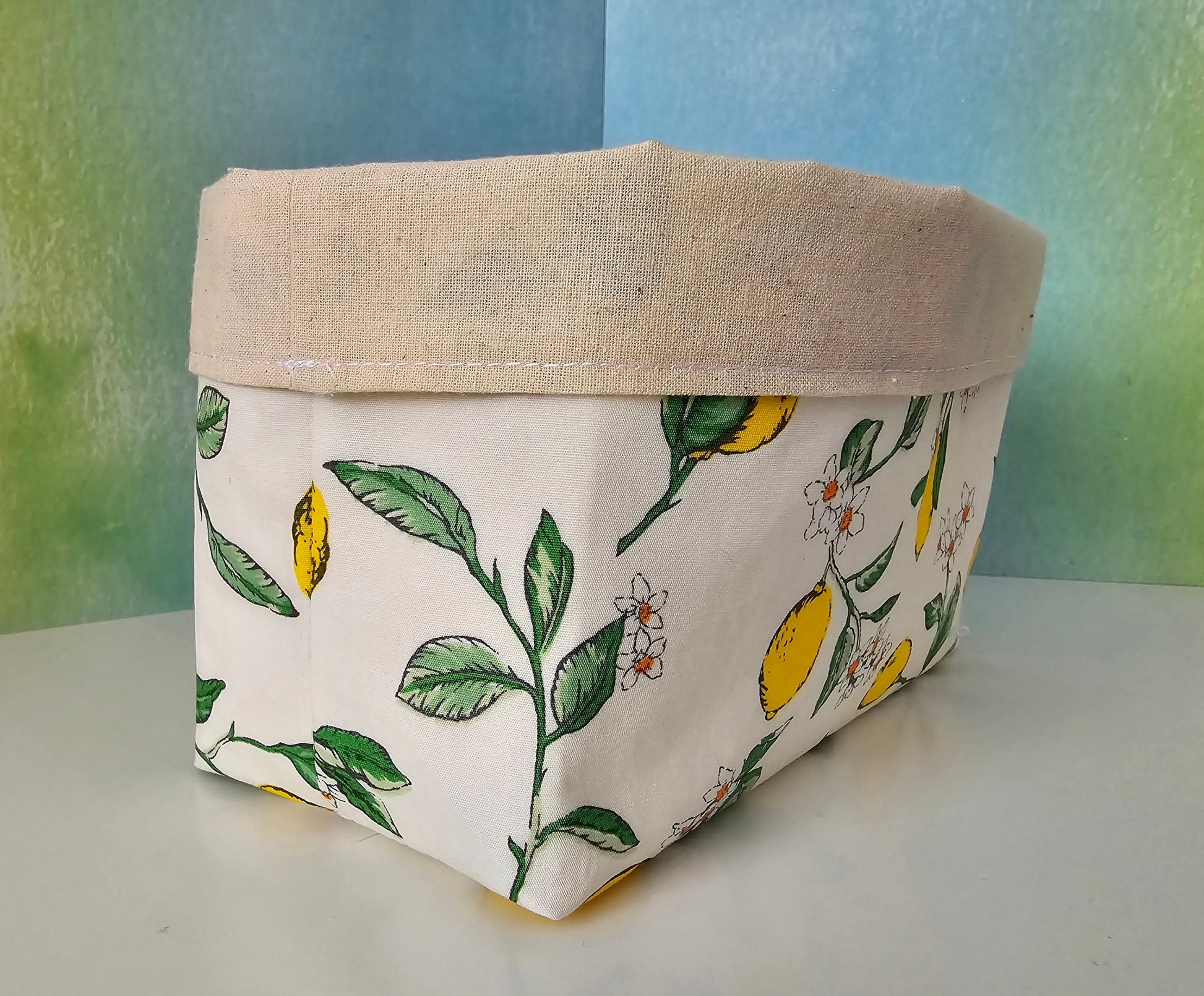 Lemon Pattern Fabric Basket: Reversible Canvas Bread Basket