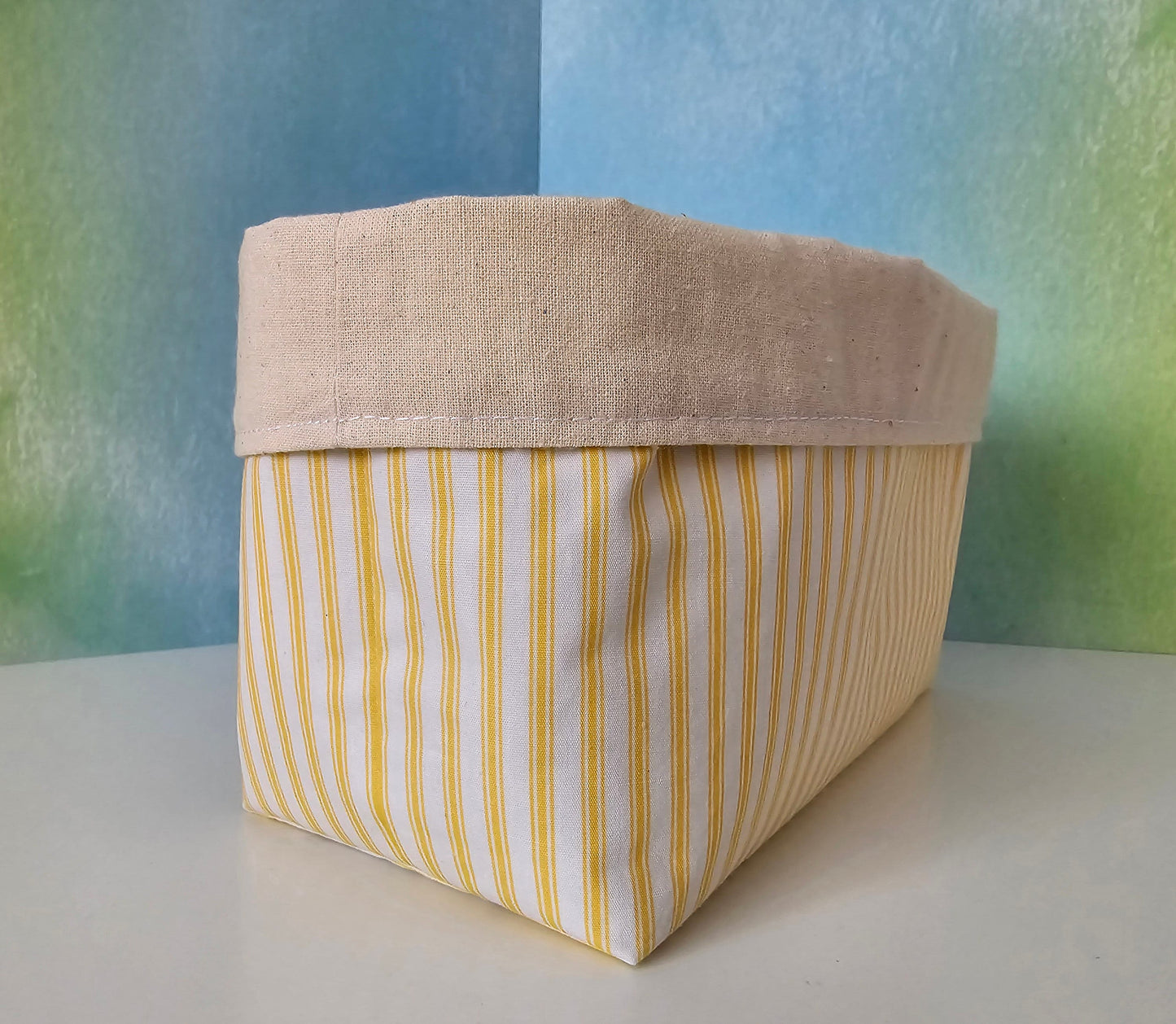 Yellow Striped Fabric Basket: Reversible Cotton Canvas Bread Basket