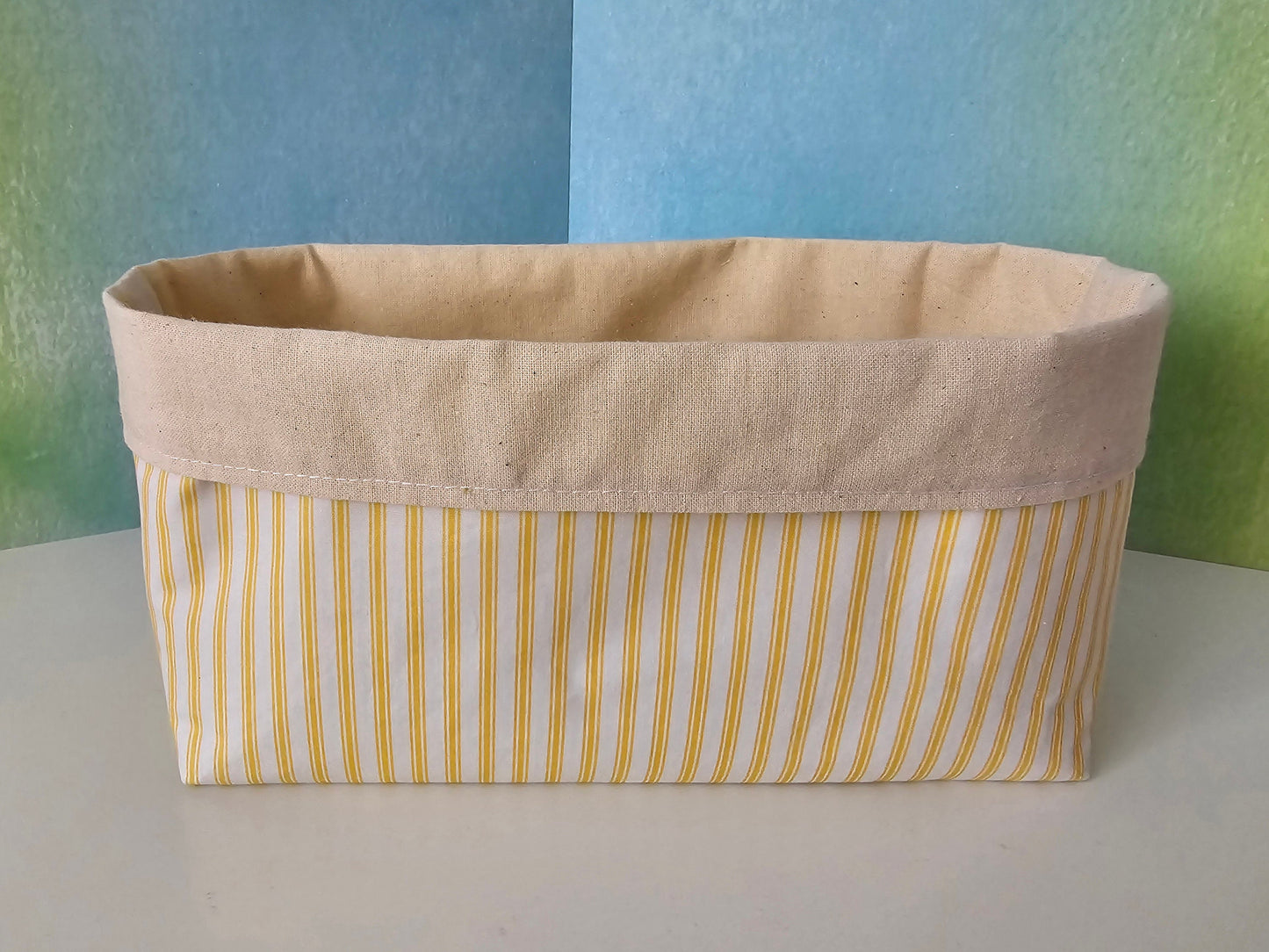Yellow Striped Fabric Basket: Reversible Cotton Canvas Bread Basket