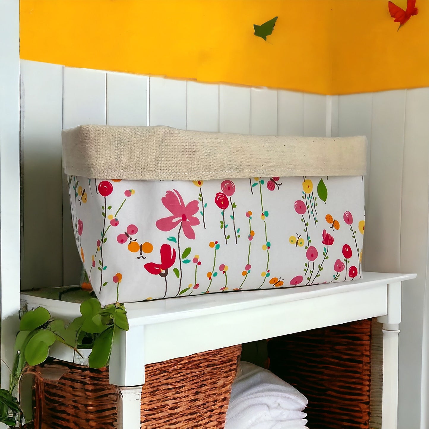 Floral Fabric Basket with Canvas Lining: Reversible Eco-Friendly Organizer