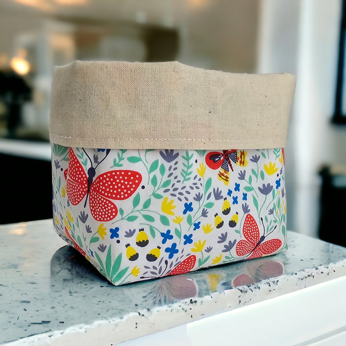 Floral Fabric Basket with Canvas Lining: Reversible Eco-Friendly Organizer