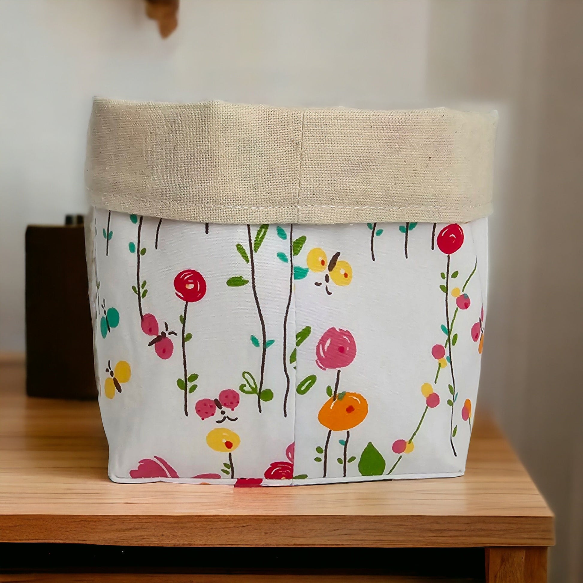 Floral Fabric Basket with Canvas Lining: Reversible Eco-Friendly Organizer