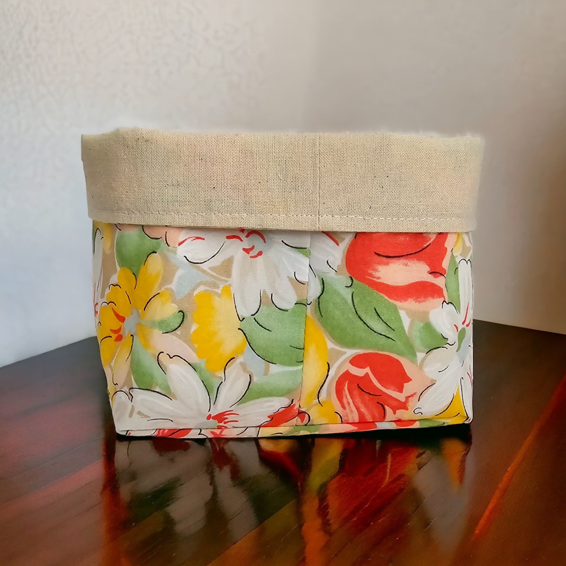 Floral Fabric Basket with Canvas Lining: Reversible Eco-Friendly Organizer