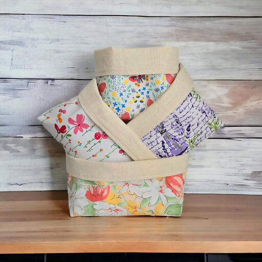 Floral Fabric Basket with Canvas Lining: Reversible Eco-Friendly Organizer
