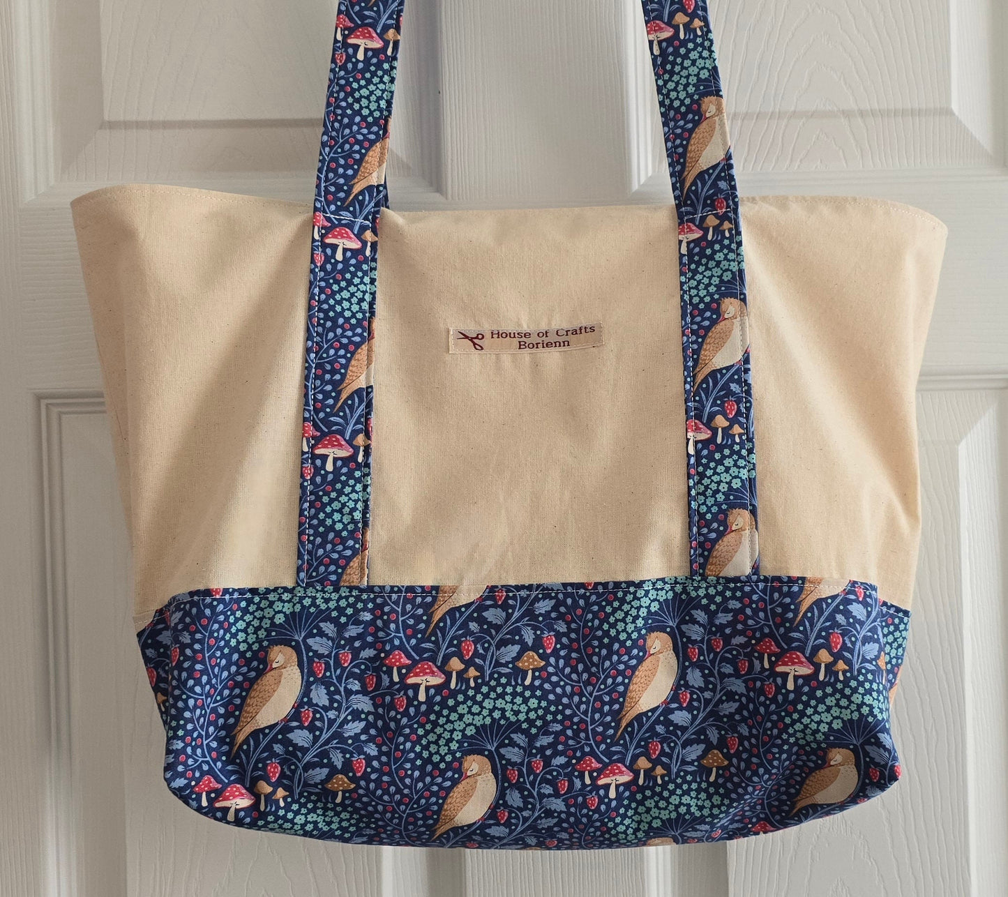 Handcrafted Tote Bag: Bird Pattern Fabric, Long Handles