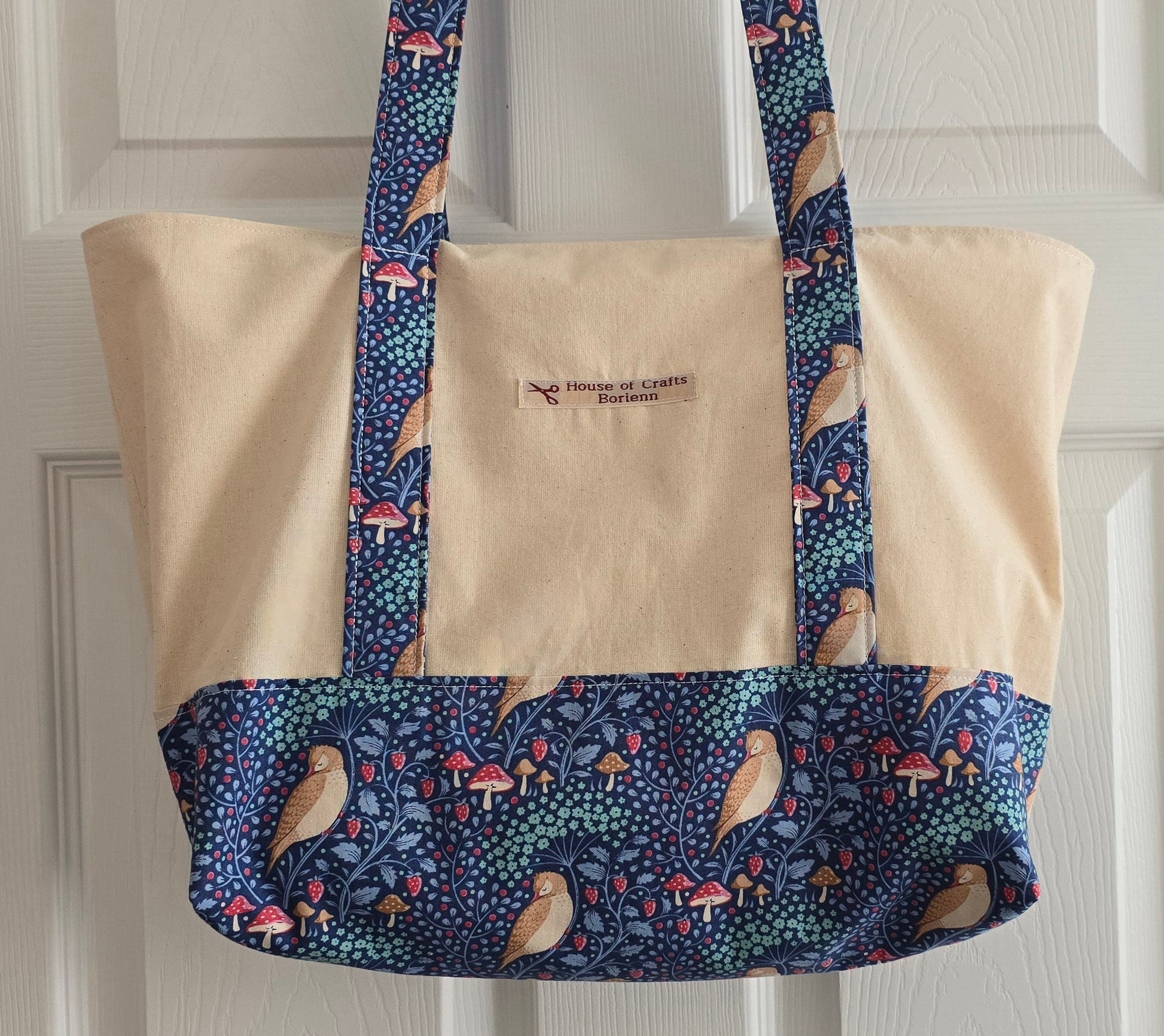 Handcrafted Tote Bag: Bird Pattern Fabric, Long Handles