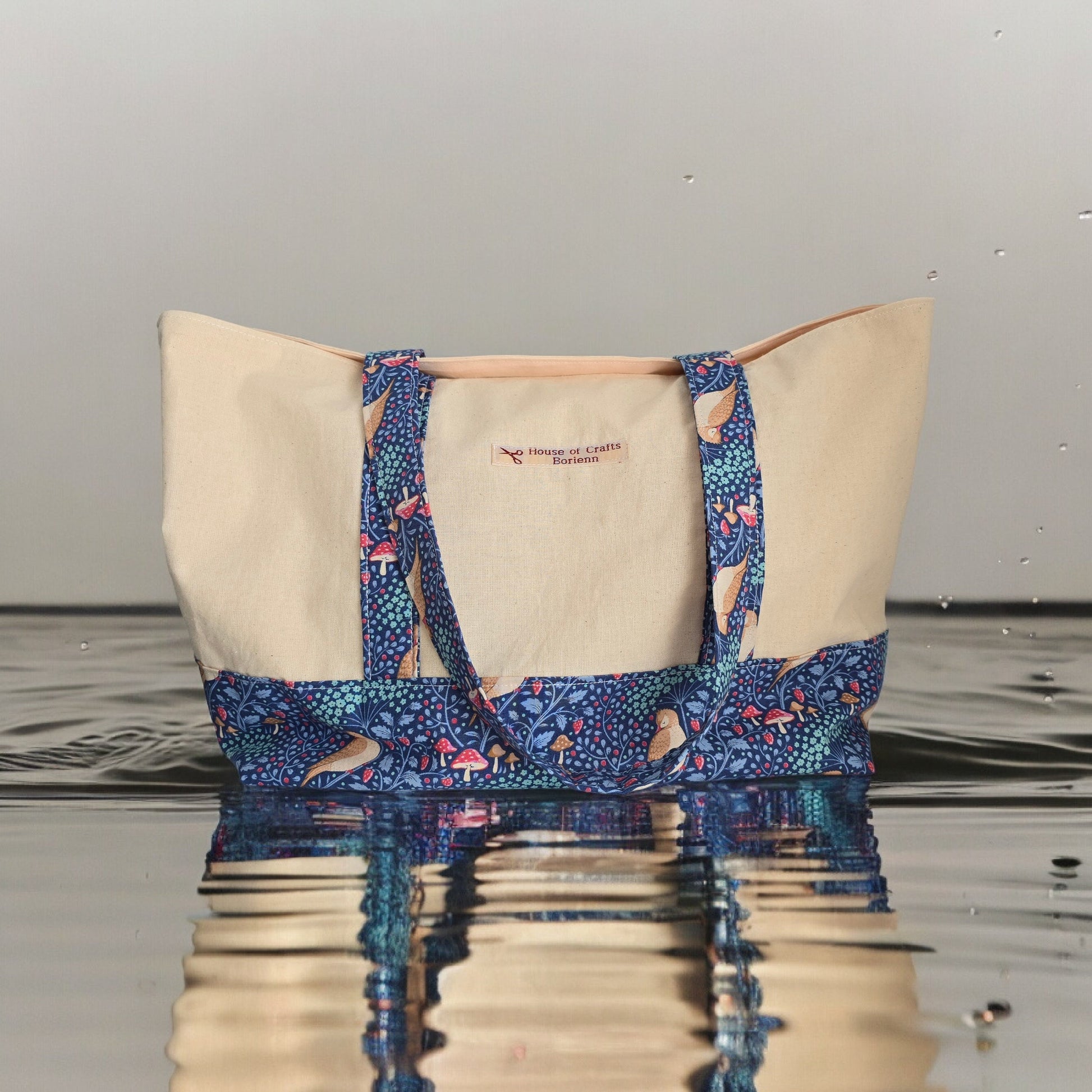 Handcrafted Tote Bag: Bird Pattern Fabric, Long Handles