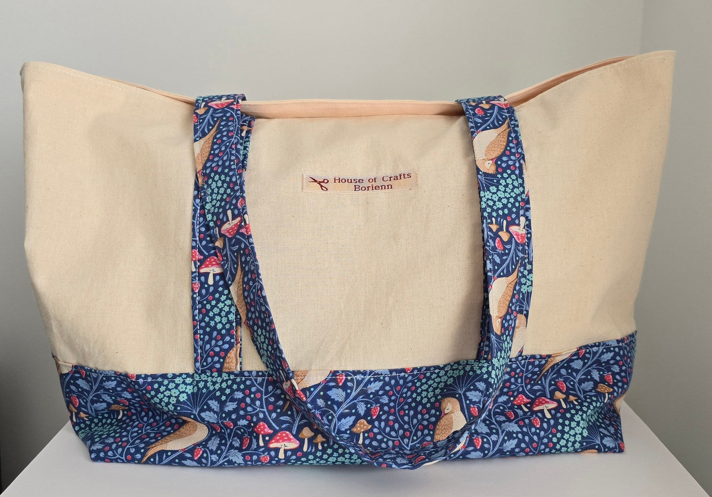 Handcrafted Tote Bag: Bird Pattern Fabric, Long Handles