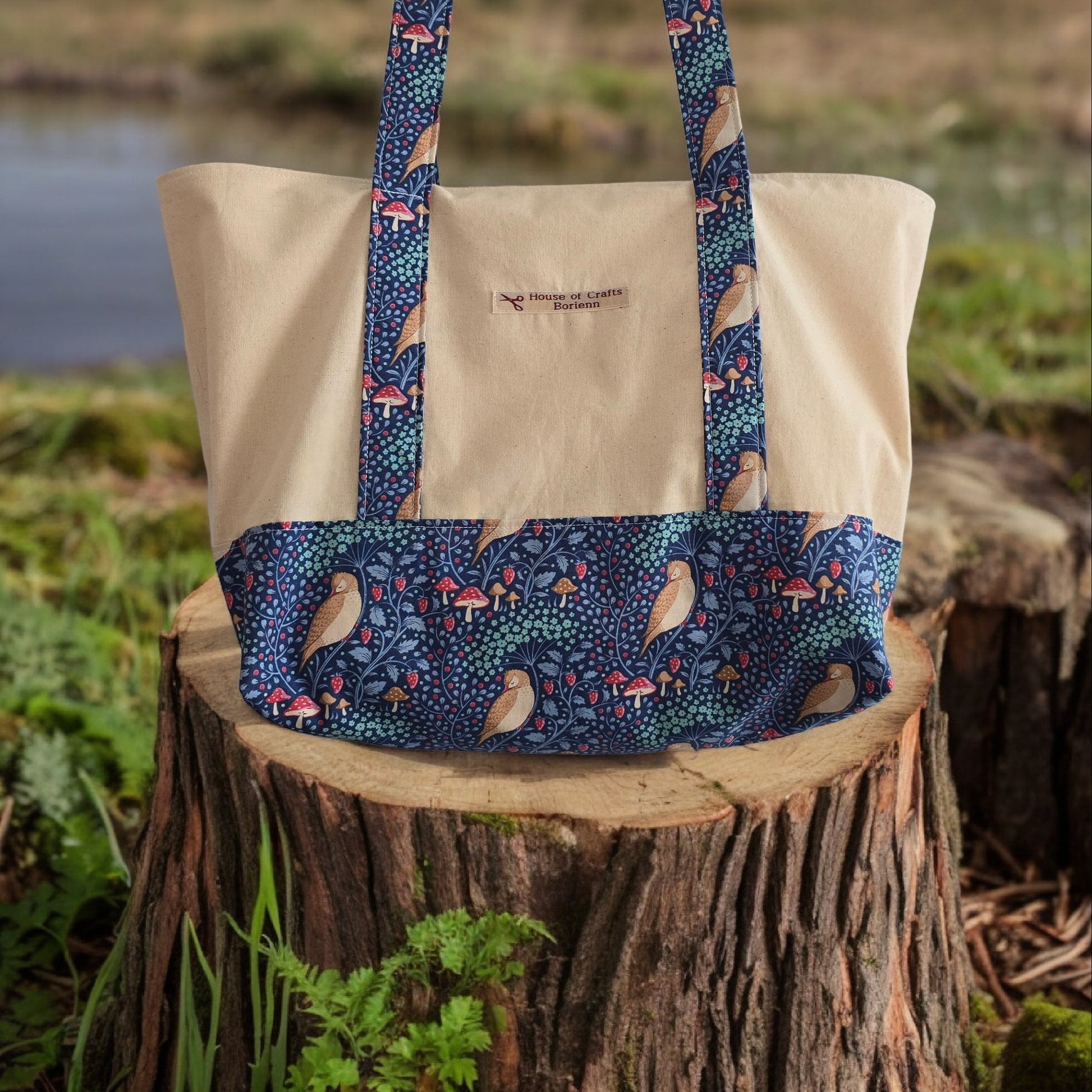 Handcrafted Tote Bag: Bird Pattern Fabric, Long Handles