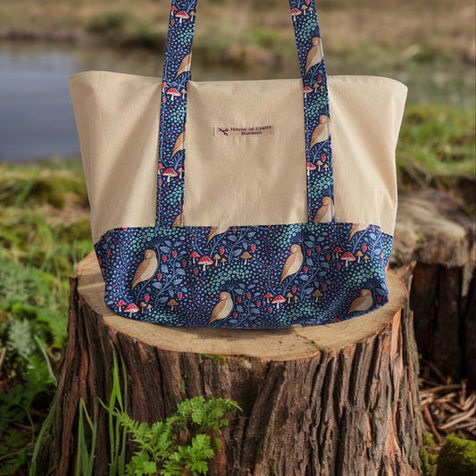 Handcrafted Tote Bag: Bird Pattern Fabric, Long Handles