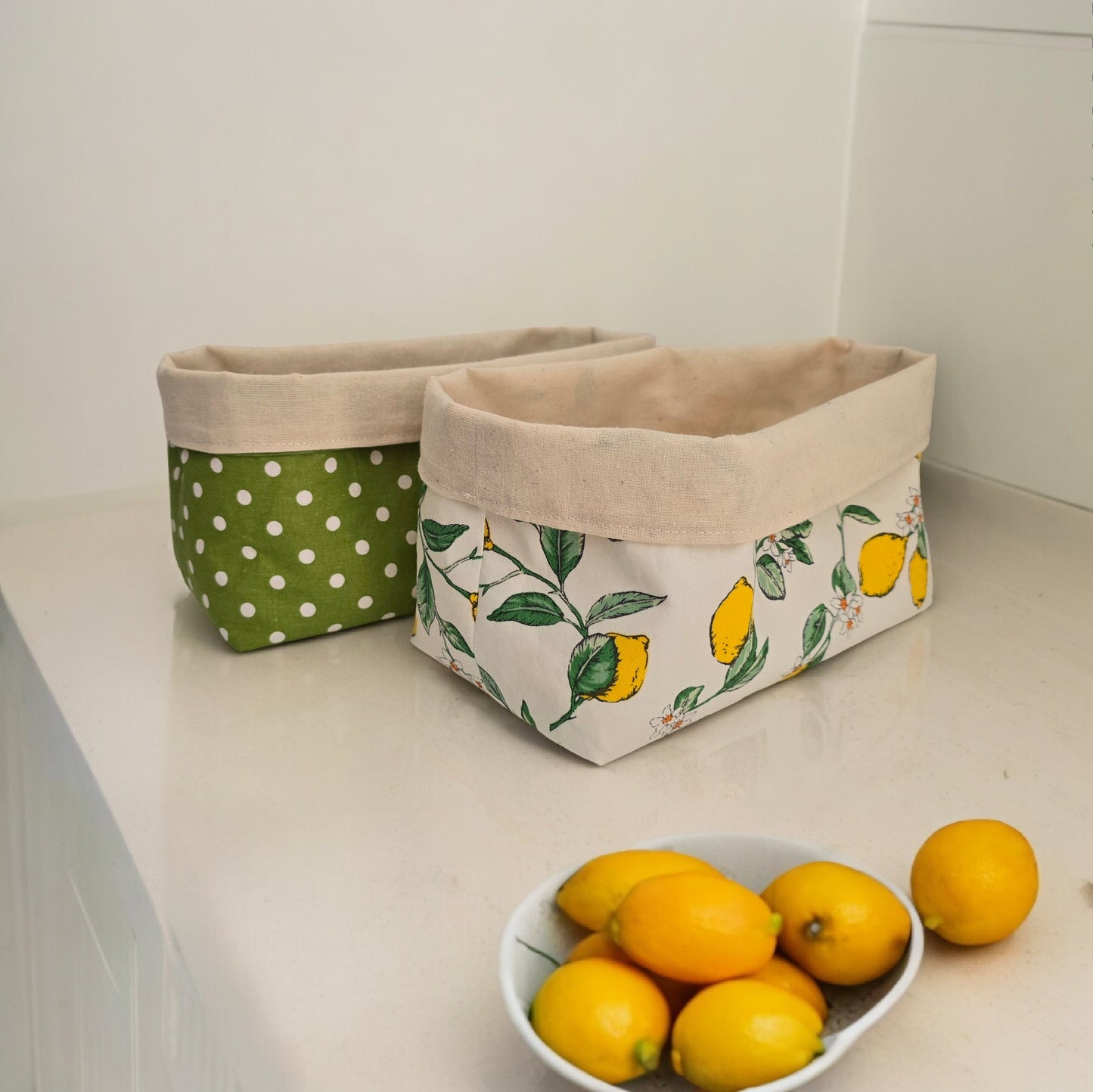 Lemon Pattern Fabric Basket: Reversible Canvas Bread Basket