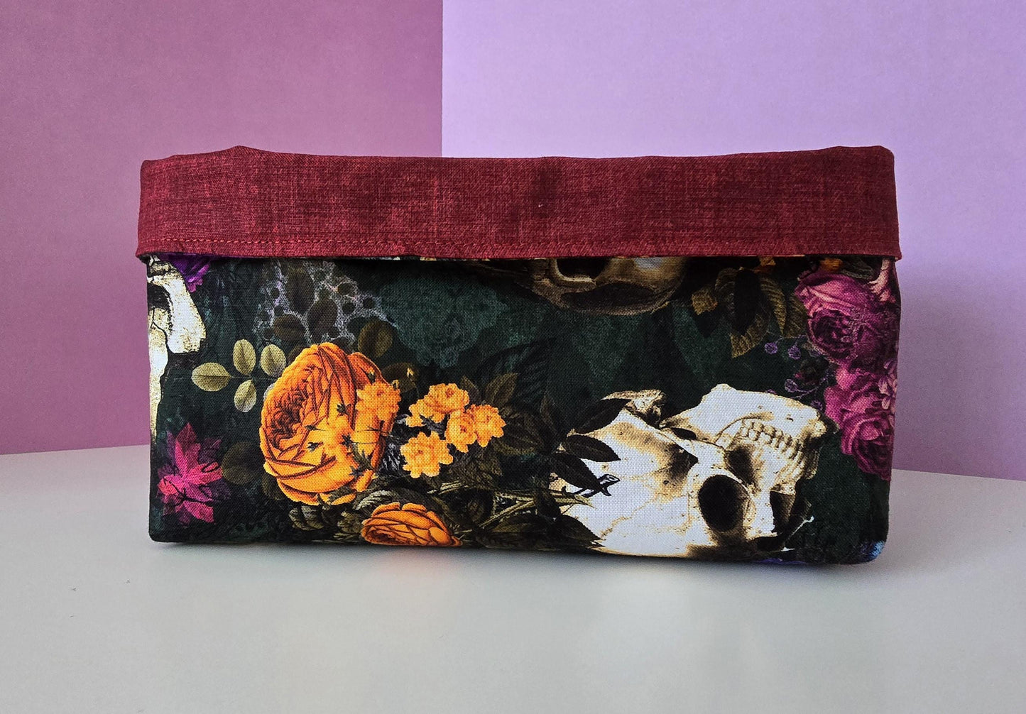 Halloween Fabric Basket: Reversible Cotton Bread Basket with Red Lining