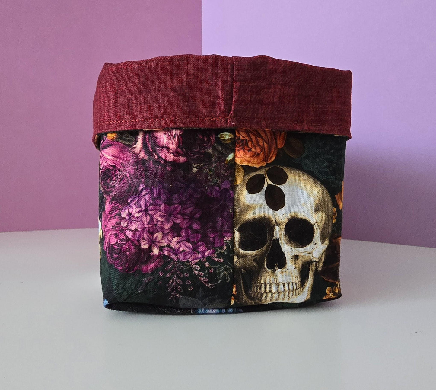 Halloween Fabric Basket: Reversible Cotton Bread Basket with Red Lining