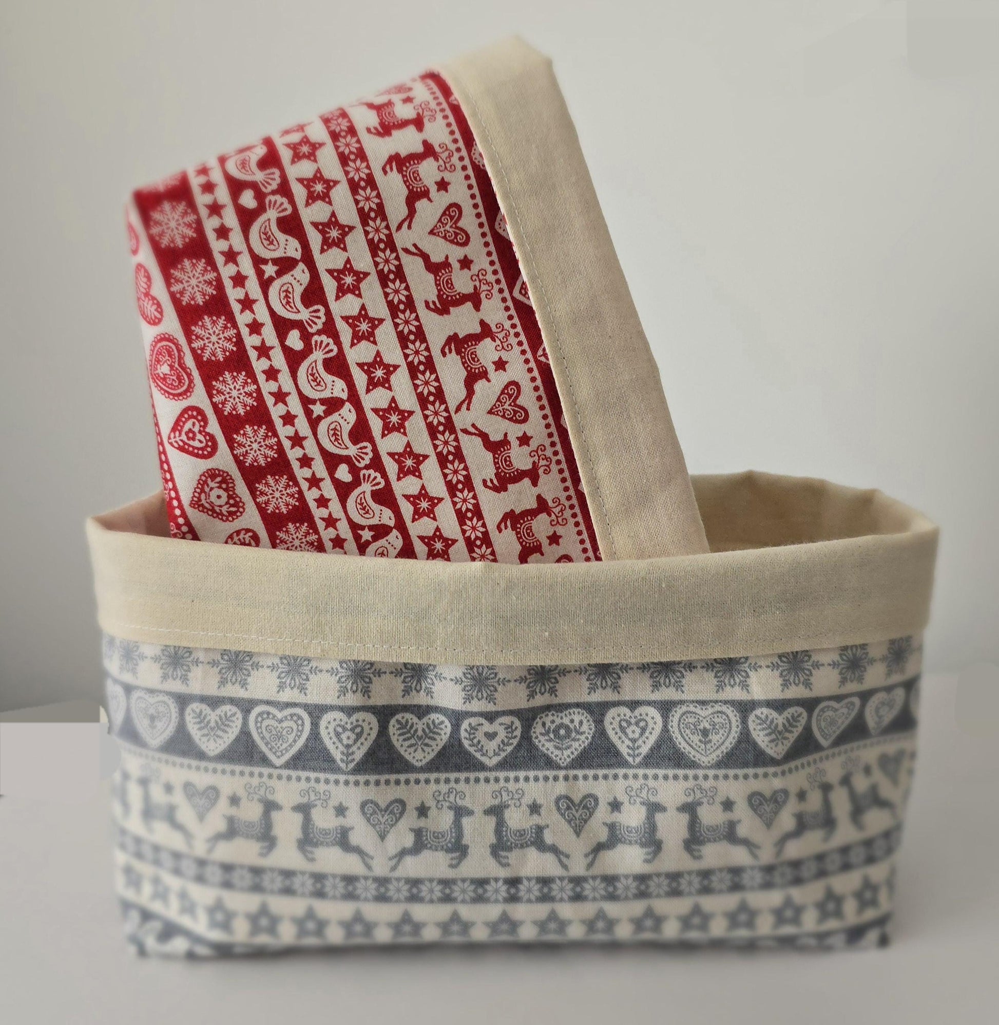 Scandinavian Christmas Fabric Basket: Reversible Bread Basket