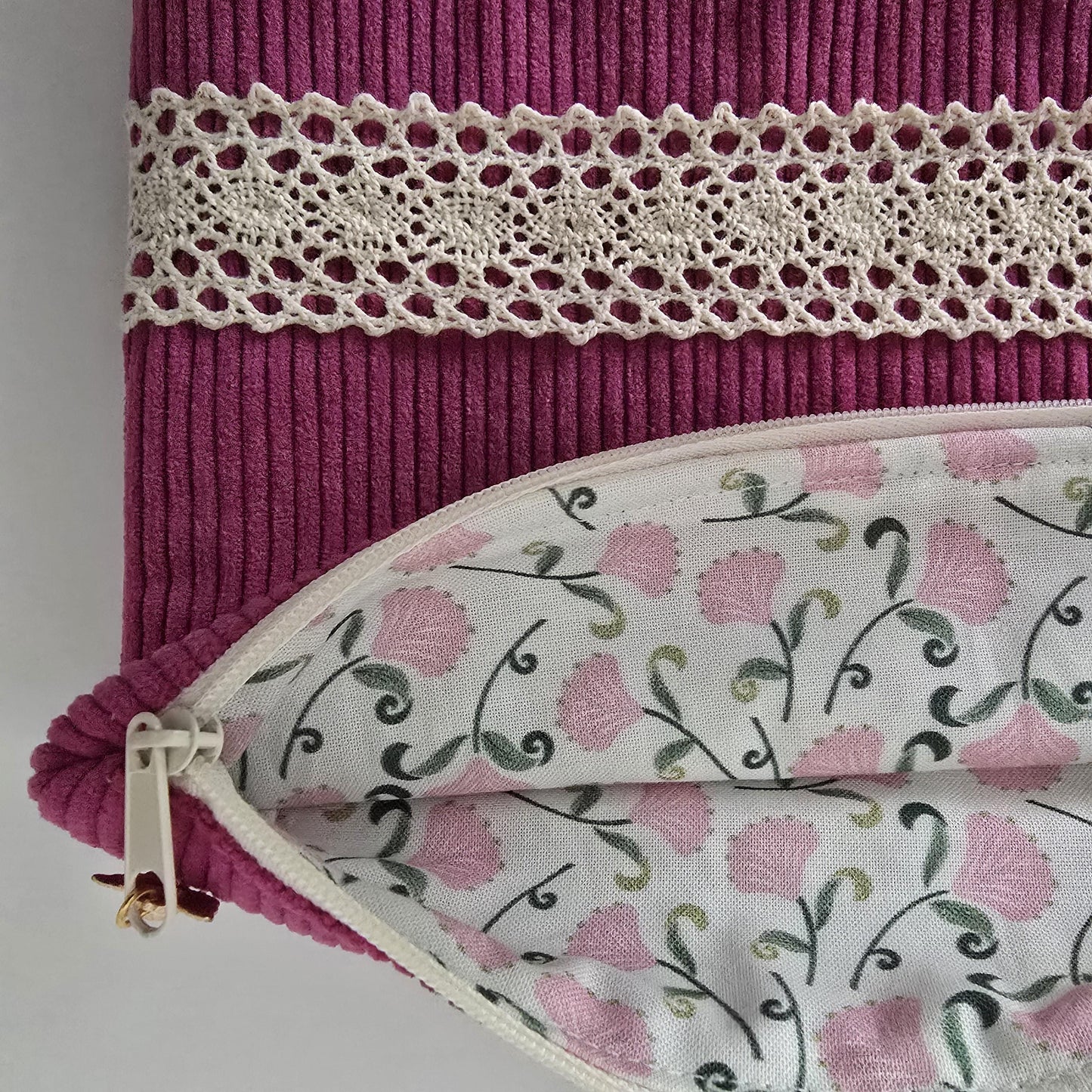 Handcrafted Corduroy Cosmetic Bag: Romantic Style Zipper Pouch
