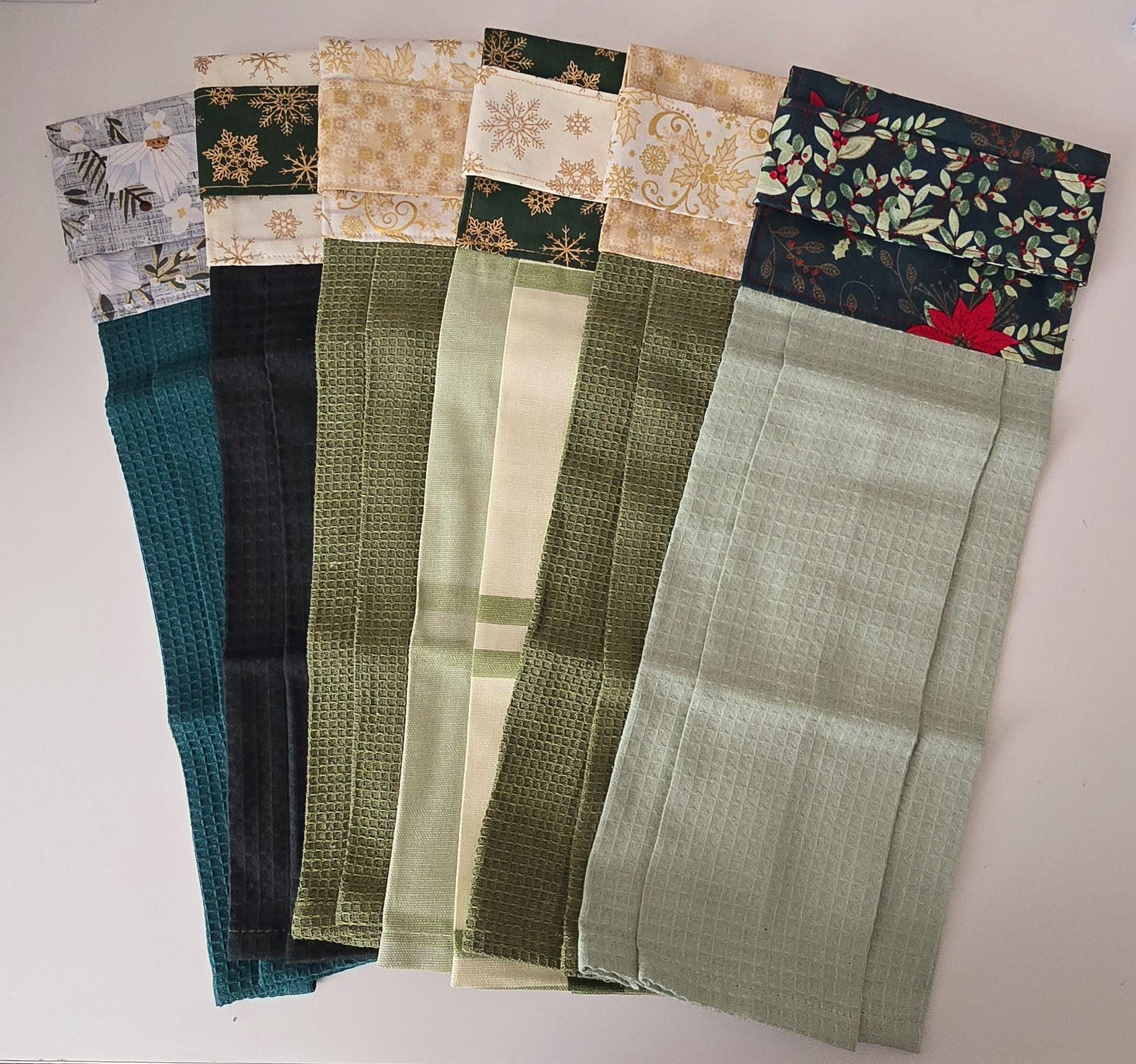 Green Christmas Hanging Hand Towel – Floral Cotton Kitchen Decor, Handmade in UK