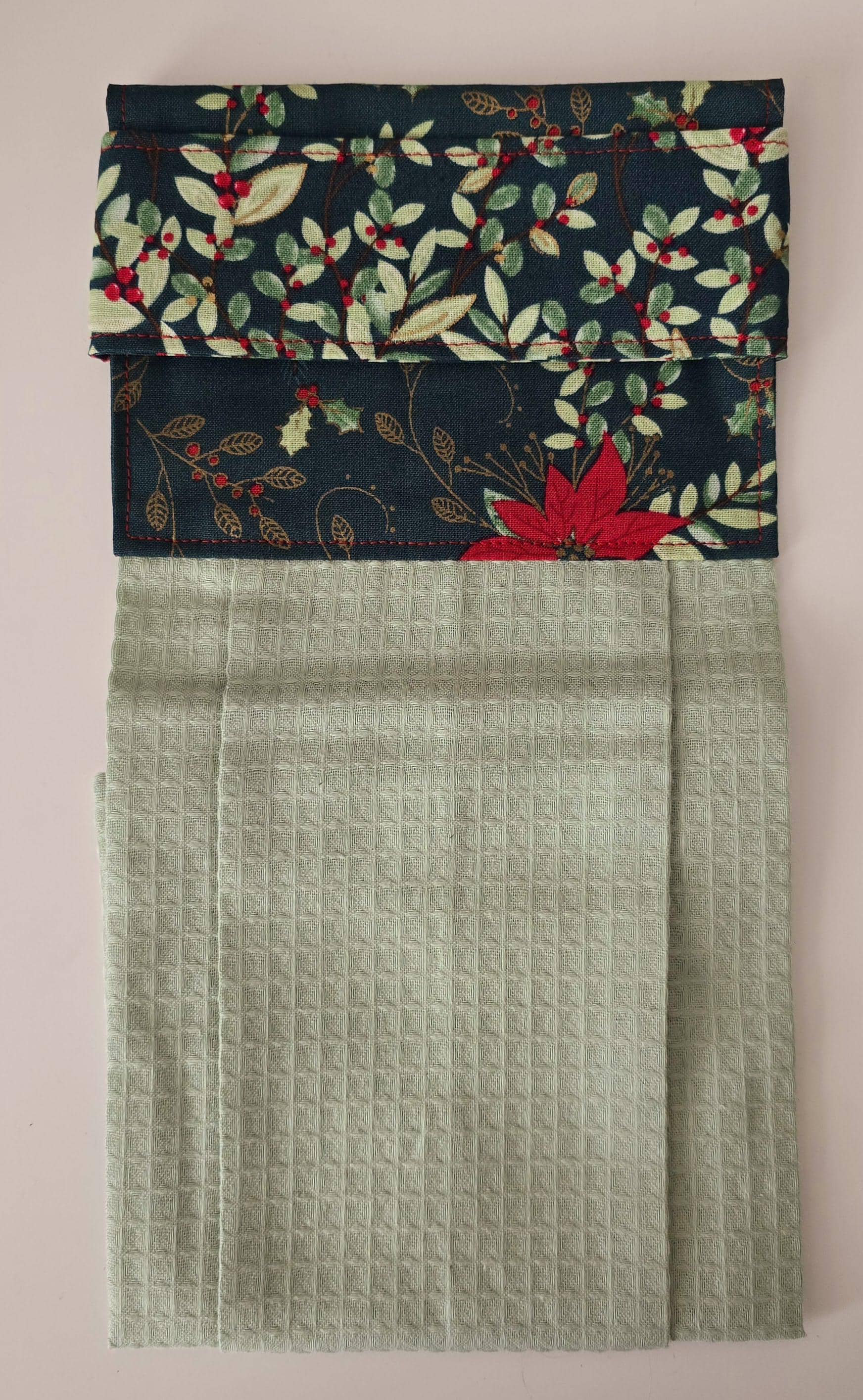 Green Christmas Hanging Hand Towel – Floral Cotton Kitchen Decor, Handmade in UK
