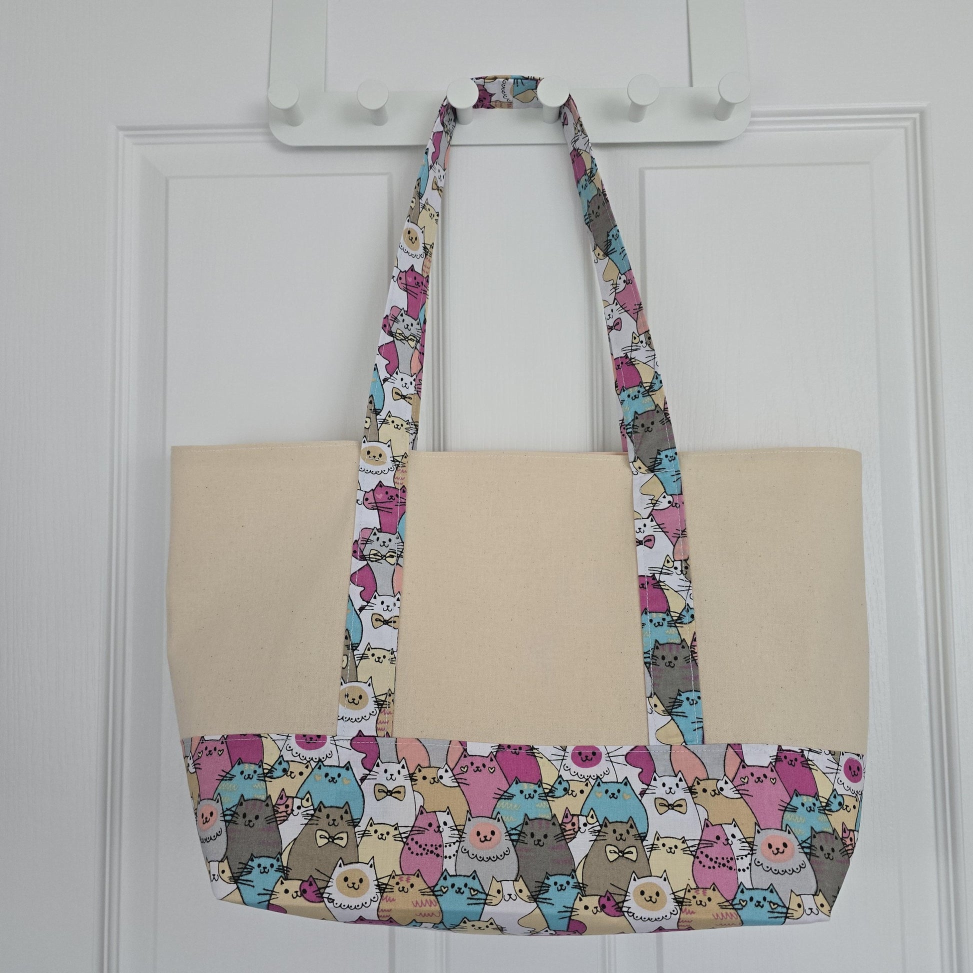 Handcrafted Tote Bag: Cat Pattern Fabric, Long Handles