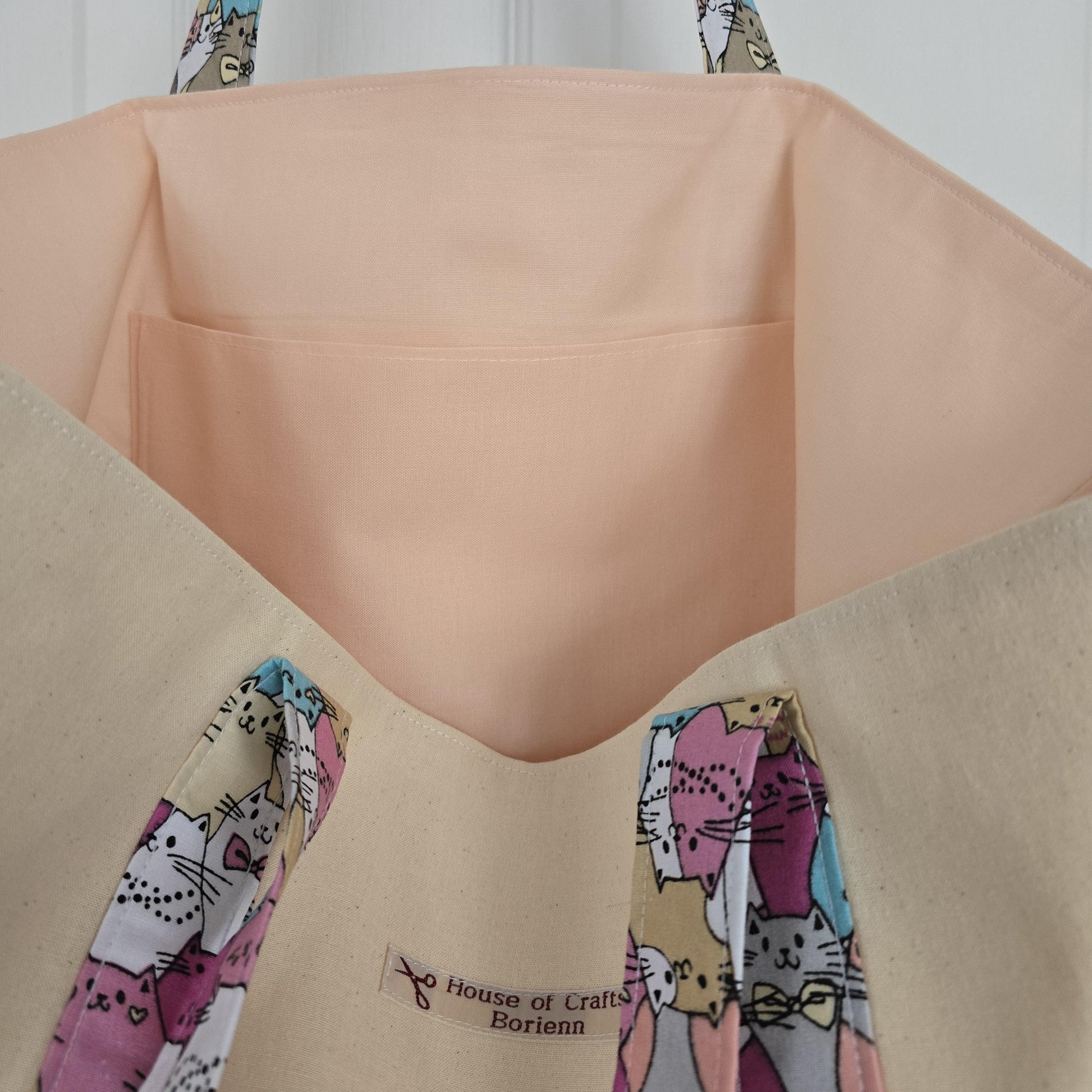 Handcrafted Tote Bag: Cat Pattern Fabric, Long Handles