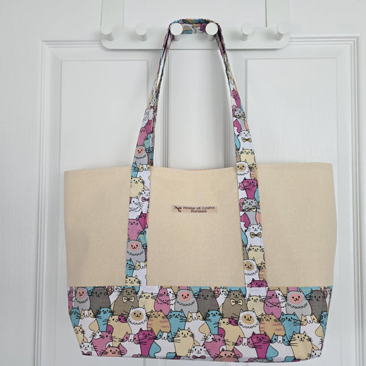 Handcrafted Tote Bag: Cat Pattern Fabric, Long Handles